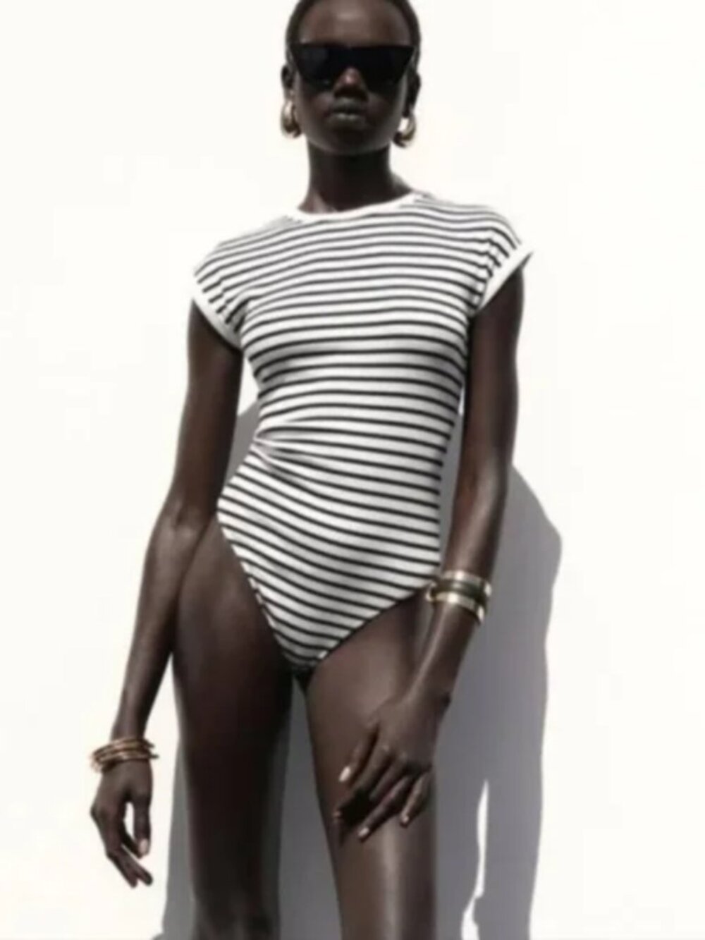ZARA Striped Ribbed Bodysuit Black White Women's Size Medium Short Sleeves Cap M